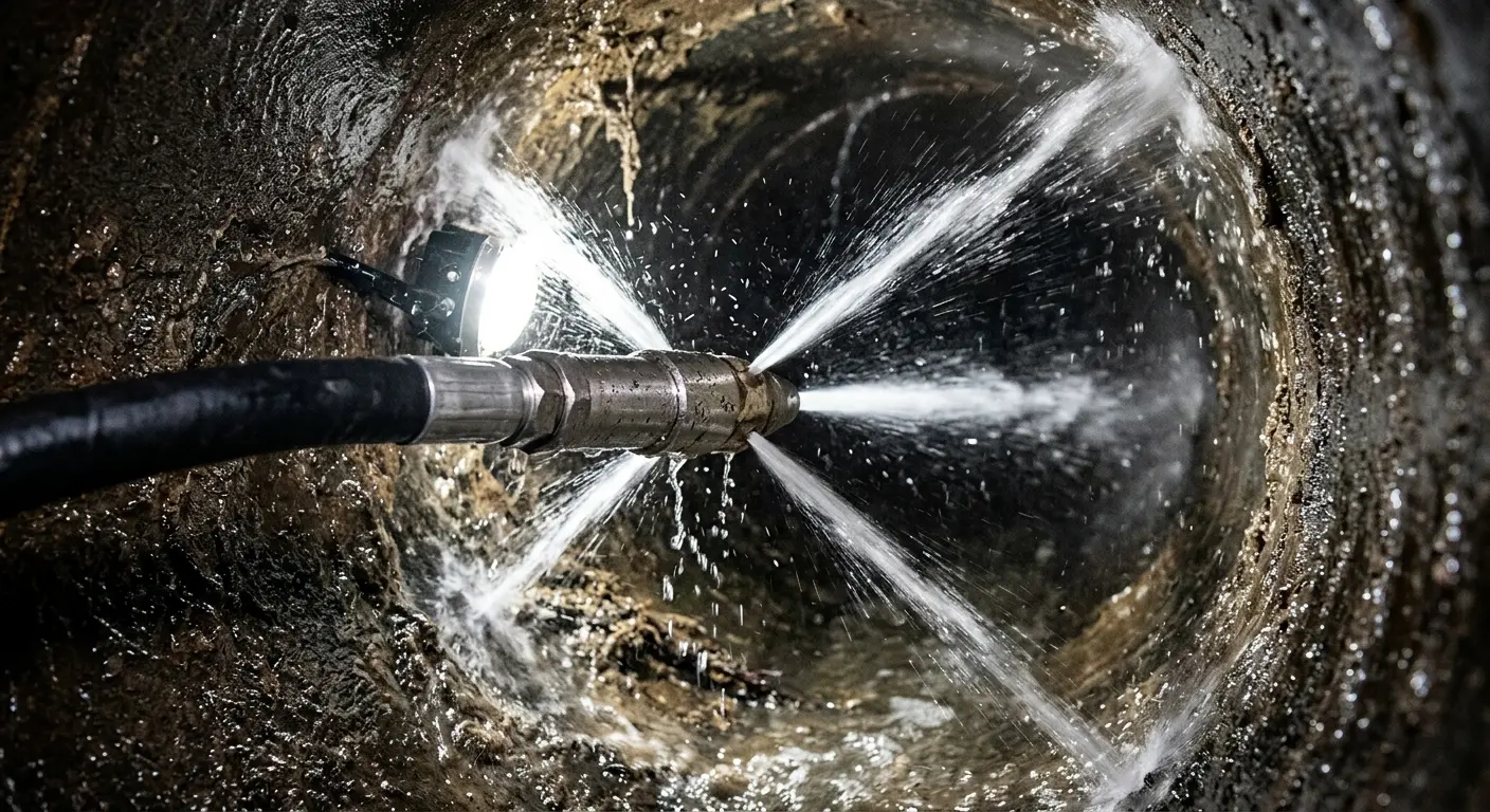 High-pressure hydro jetting nozzle cleaning sewer pipe for Emergency Drain Service in Howard